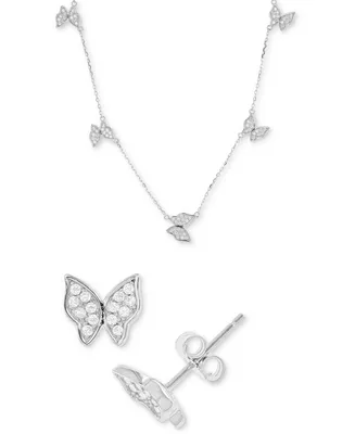 2-Pc. Set Cubic Zirconia Butterfly Collar Necklace & Coordinating Stud Earrings in Sterling Silver