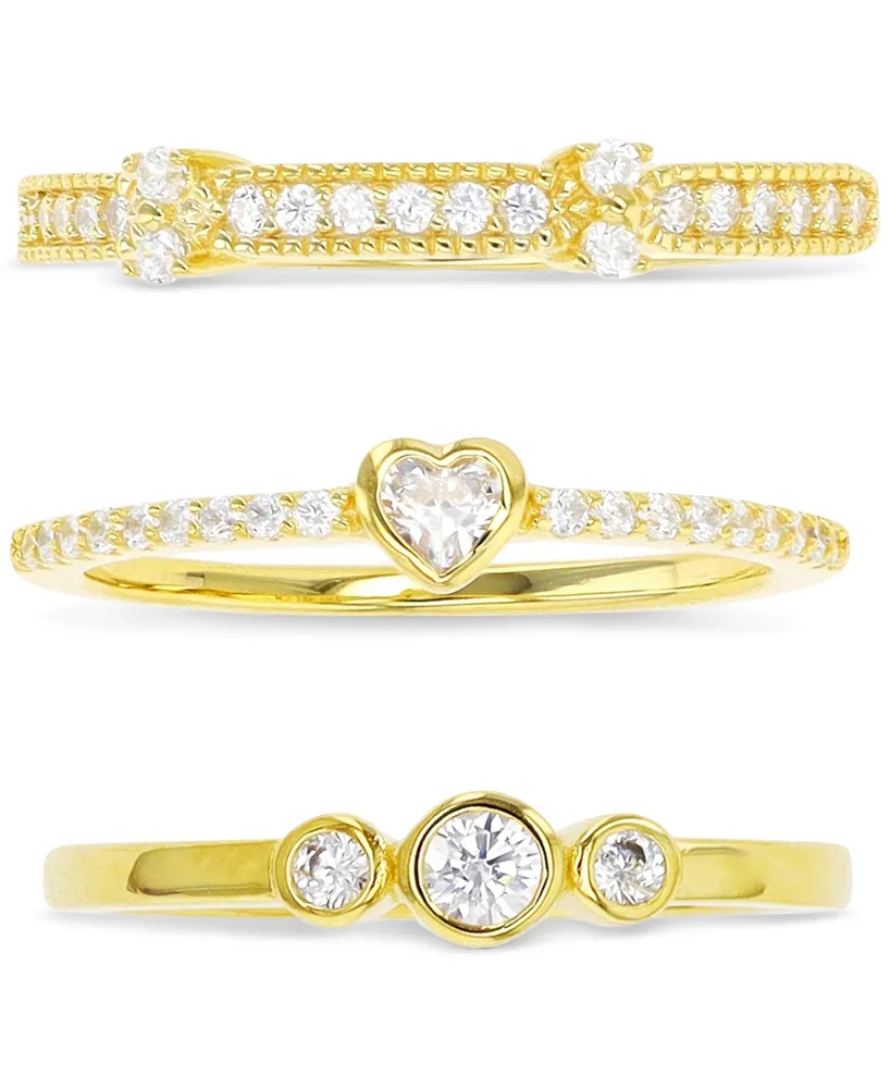 3-Pc. Set Cubic Zirconia Beaded, Heart, & Bezel Stack Rings