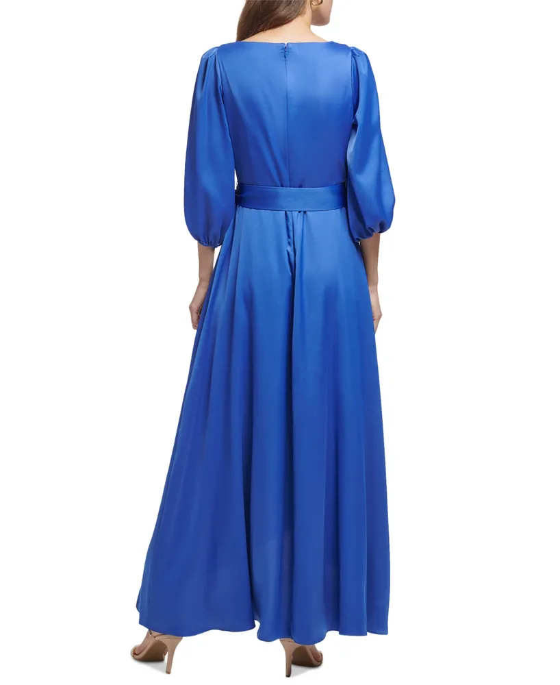 Dkny 3/4-Sleeve Belted Faux-Wrap Gown