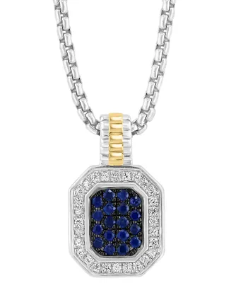 Effy Men's Sapphire (7/8 ct. t.w.) & White Sapphire (1/4 ct. t.w.) 22" Halo Cluster 22" Pendant Necklace in Sterling Silver & 14k Gold-Plated