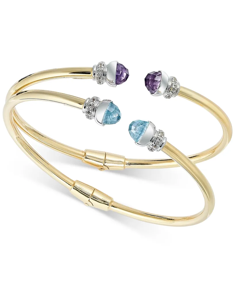 2-Pc. Swiss Blue Topaz (2 ct. t.w.), Amethyst (1-5/8 ct. t.w.) & White Topaz (1/3 ct. t.w.) Hinged Cuff Bracelets in Sterling Silver & 14k Gold