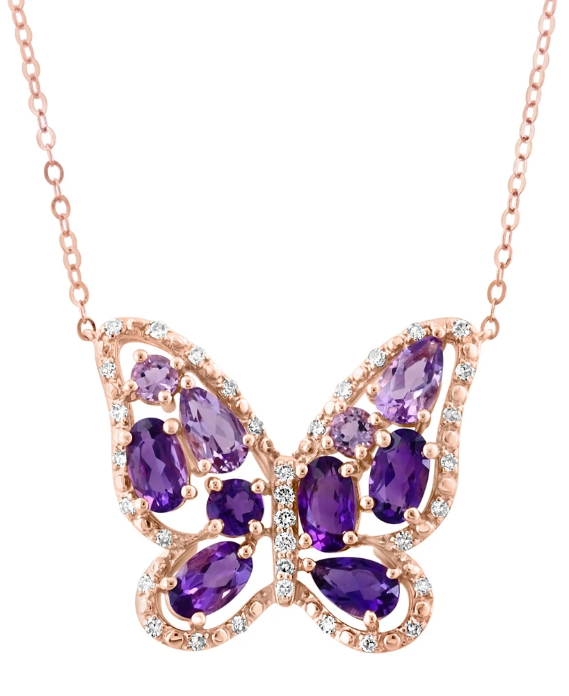 Lali Jewels Multi-Gemstone (1-3/4 ct. t.w.) & Diamond (1/8 ct. t.w.) Butterfly Pendant Necklace in 14k Gold, 16" + 2" extender (Also in Amethyst)