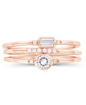 Macy's Round and Baguette Cubic Zirconia Stacked Ring (1/2 ct. t.w.) 14 Karat Rose Gold Over Sterling Silver Set, 3 Piece