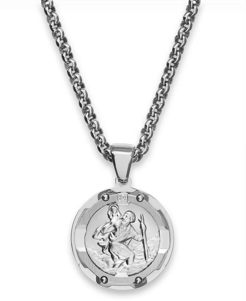 Men's St. Christopher Diamond Pendant Necklace in Stainless Steel