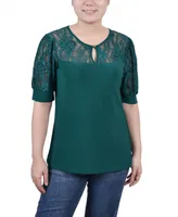 Women's Short Puff Sleeve Top with Lace Sleeves and Yoke