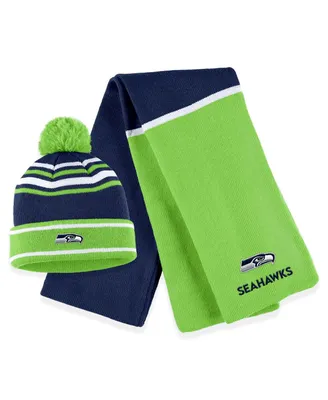 Women's Wear by Erin Andrews College Navy Seattle Seahawks Colorblock Cuffed Knit Hat with Pom and Scarf Set