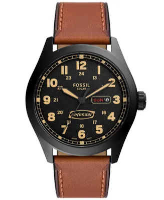 Fossil Men's Defender Solar Brown Leather Strap Watch, 46mm