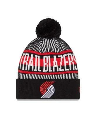 Men's New Era Black Portland Trail Blazers Striped Cuffed Pom Knit Hat