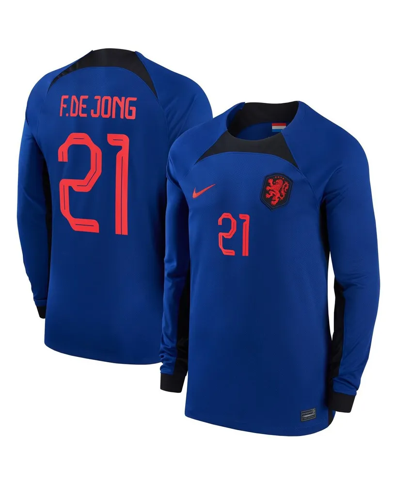 Men's Nike Frenkie de Jong Blue Netherlands National Team 2022/23 Away Breathe Stadium Replica Player Long Sleeve Jersey