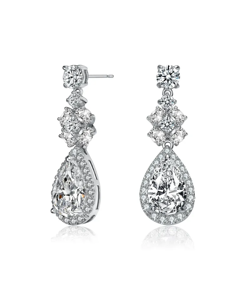 Genevive Elegant Sterling Silver White Gold-Plated Clear Cubic Zirconia Drop Earrings