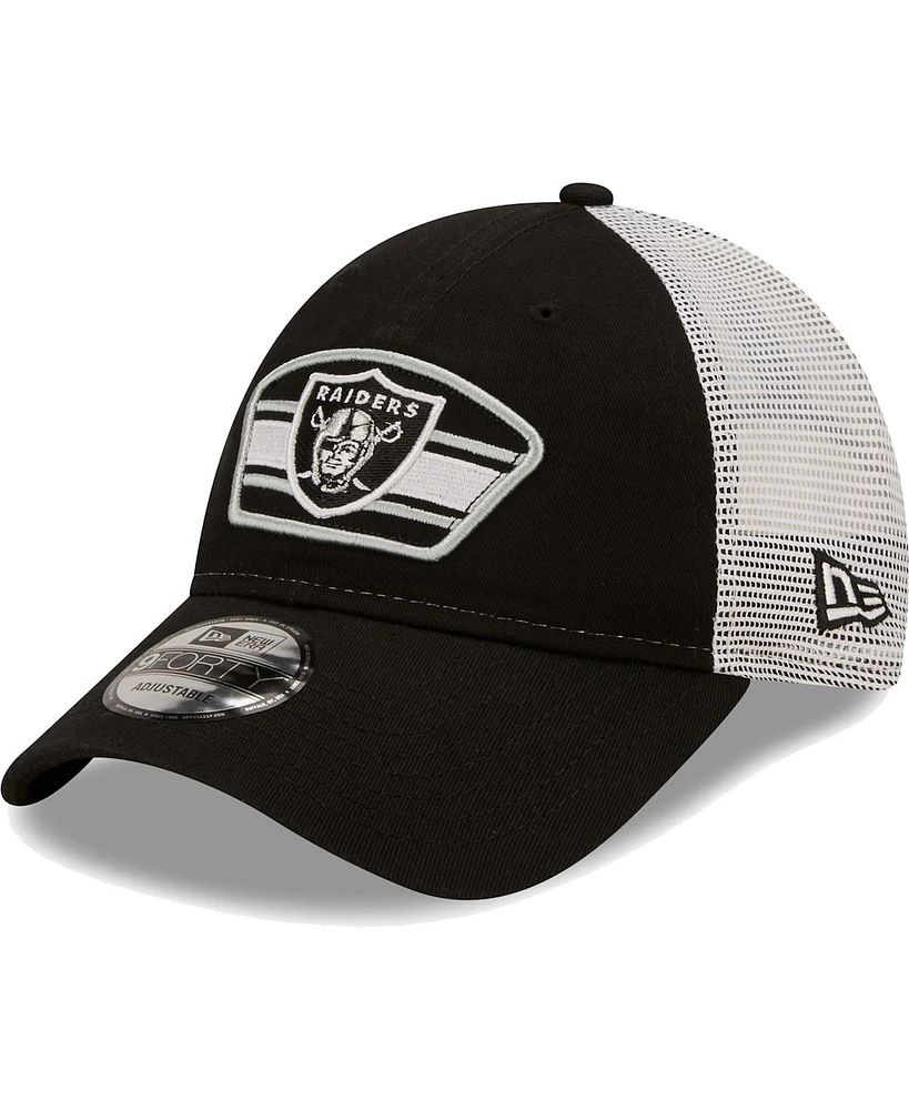 Men's New Era Black, White Las Vegas Raiders Logo Patch Trucker 9Forty Snapback Hat