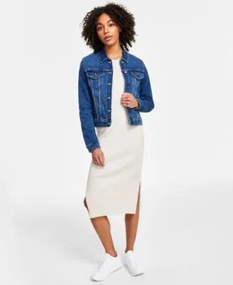 Calvin Klein Jeans Womens Denim Trucker Jacket Sleeveless Ribbed Midi Dress