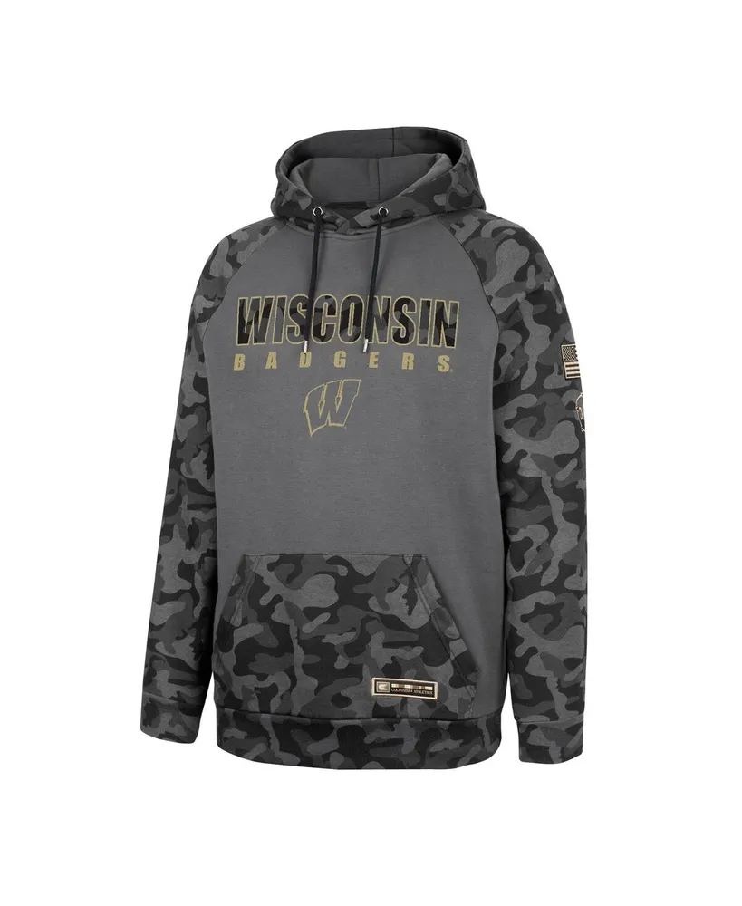 Men's Colosseum Charcoal Wisconsin Badgers Oht Military-Inspired Appreciation Camo Stack Raglan Pullover Hoodie