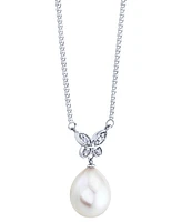 Cultured Freshwater Pearl (11mm) & Diamond Accent Butterfly 16" Pendant Necklace 14k White Gold