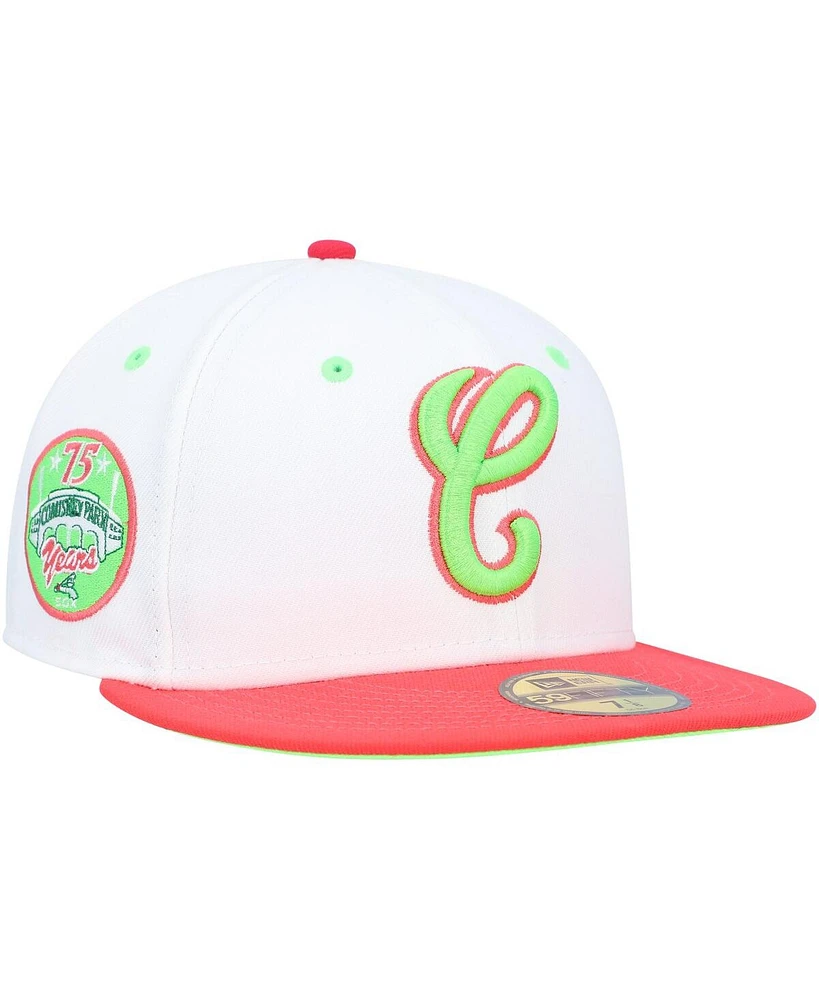Men's New Era White, Coral Chicago White Sox Cooperstown Collection Comiskey Park 75th Anniversary Strawberry Lolli 59FIFTY Fitted Hat