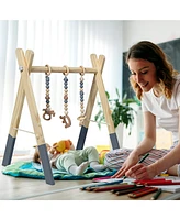 Costway Baby Foldable Wooden Gym with 3 Wooden Teething Toys