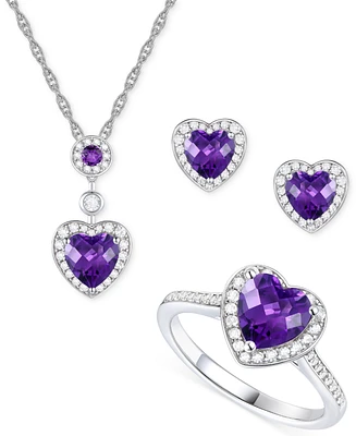 3-Pc. Set Garnet: (4 ct. t.w.) & Lab-Grown White Sapphire (3/4 t.w.)Amethyst (3-1/3 Heart Pendant Necklace, Ring, Stud Earrings Ste