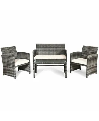 4PCS Rattan Patio Furniture Set Garden Lawn Sofa Cushioned Seat