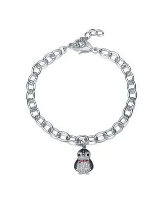 Genevive White Gold Plated with Ruby Red, Black and White Cubic Zirconia Bird Charm Bracelet in Sterling Silver