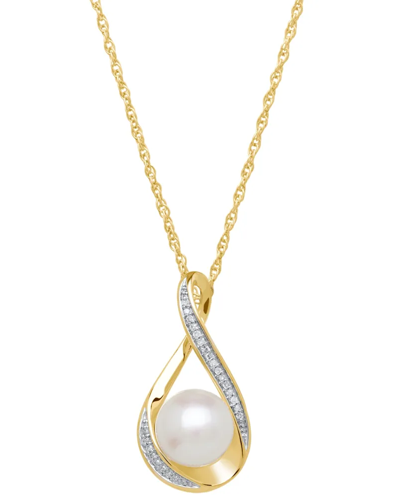 Honora Cultured Freshwater Pearl (9mm) and Diamond Accent Pendant 18" Necklace 14k Gold