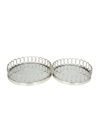 Rosemary Lane Stainless Steel Mirrored Tray with Circle Patterned Sides, Set of 2, 16", 14" W
