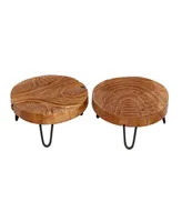 Rosemary Lane Teak Wood Intricate Carved Floral Tray, Set of 2, 11", 11" W