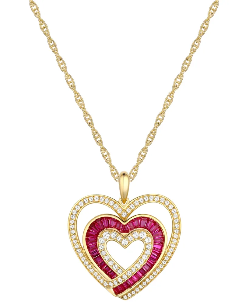 Lab-Grown Ruby (1/2 ct. t.w.) & Lab-Grown White Sapphire (3/8 ct. t.w.) Triple Heart 18" Pendant Necklace in 14k Gold-Plated Sterling Silver