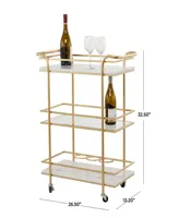 Rosemary Lane 27" x 13" x 33" Marble Rolling 1 Glass and 2 Marble Shelves with Handles Bar Cart