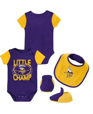 Newborn and Infant Boys Girls Purple, Gold Minnesota Vikings Little Champ Three-Piece Bodysuit Bib Booties Set