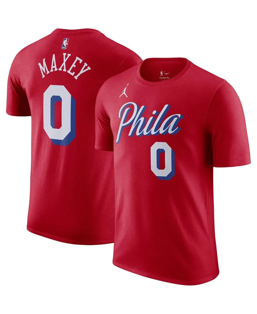 Men's Jordan Tyrese Maxey Red Philadelphia 76ers 2022/23 Statement Edition Name and Number T-shirt