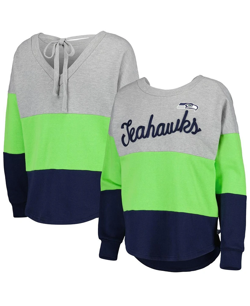 Women's Touch Heathered Gray, College Navy Seattle Seahawks Outfield Deep V-Back Pullover Sweatshirt