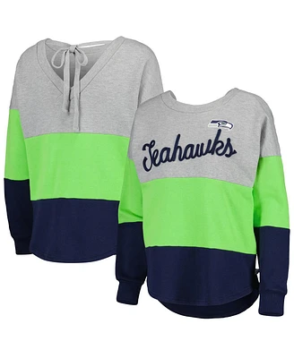 Women's Touch Heathered Gray, College Navy Seattle Seahawks Outfield Deep V-Back Pullover Sweatshirt