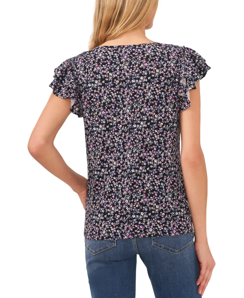 CeCe Women's Floral-Print Double-Ruffle Sleeve Top
