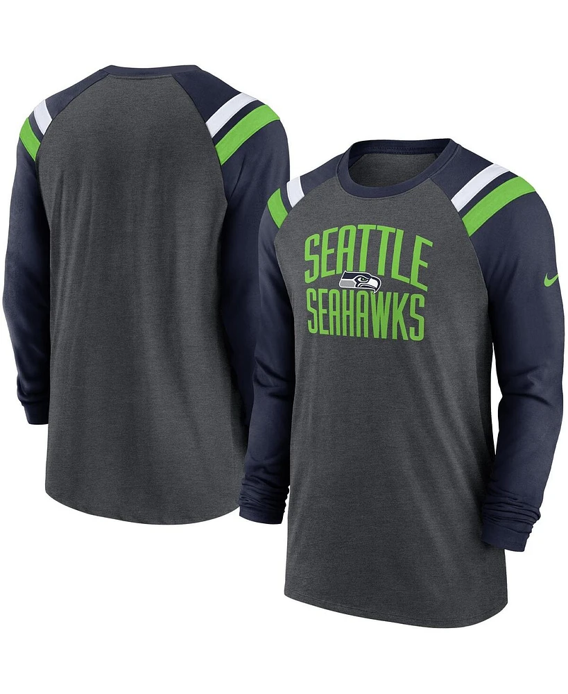Men's Nike Heathered Charcoal, College Navy Seattle Seahawks Tri-Blend Raglan Athletic Long Sleeve Fashion T-shirt