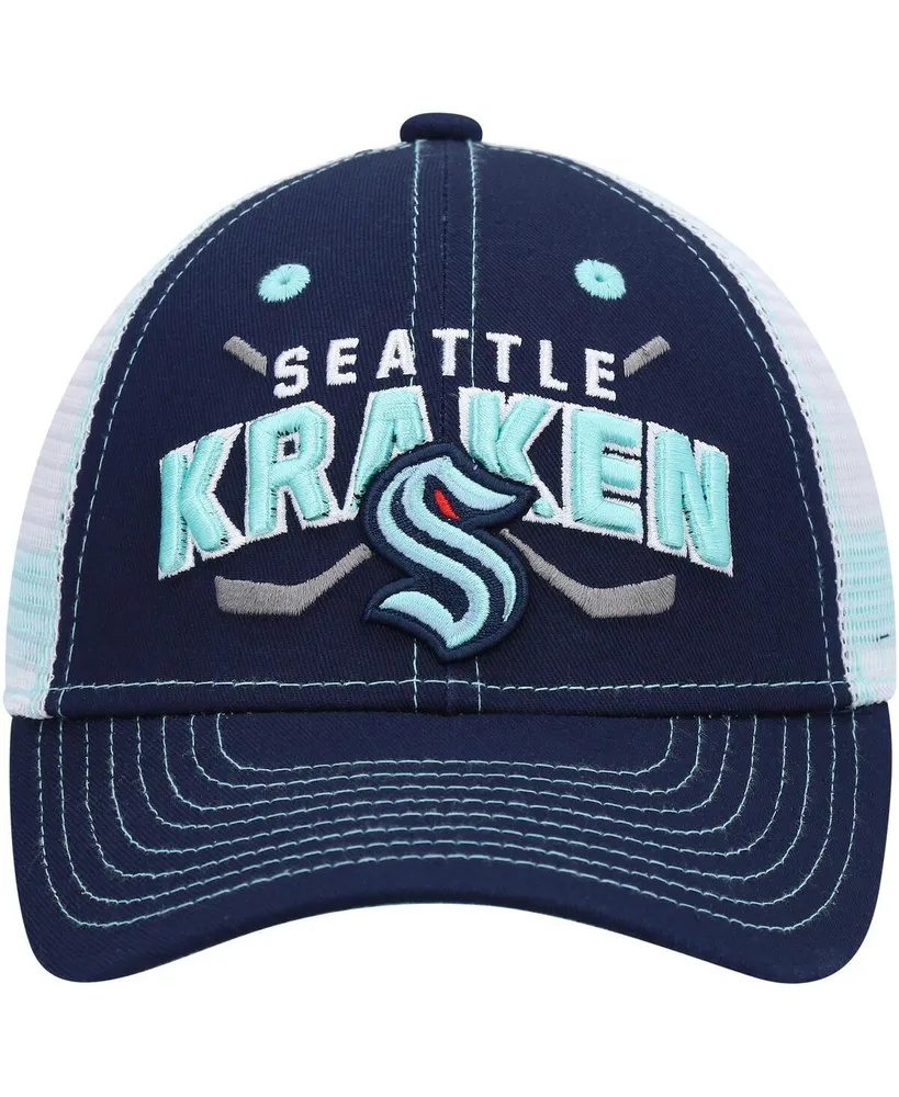 Big Boys and Girls Deep Sea Blue and White Seattle Kraken Core Lockup Trucker Snapback Hat