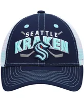 Big Boys and Girls Deep Sea Blue and White Seattle Kraken Core Lockup Trucker Snapback Hat