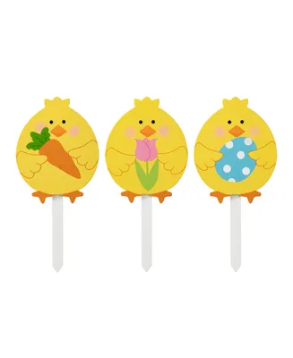 Glitzhome 15" H Easter Wooden Chick Pick, Yard Stake, Set of 3
