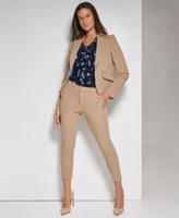 Tommy Hilfiger Womens Twill Puffed Sleeve One Button Blazer Floral Print Flutter Sleeve Ruffled Top Solid Sloane Elastic Back Cropped Pants