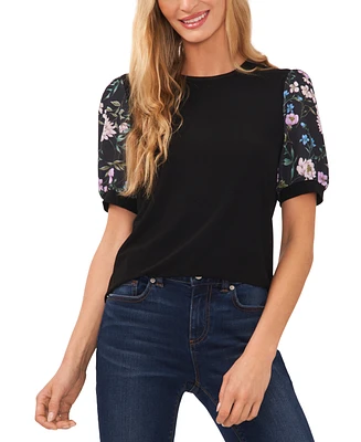 CeCe Women's Floral Mixed Media Short Puff Sleeve Knit Top