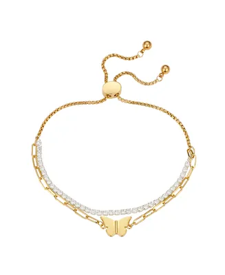 Unwritten 14K Two Tone Gold-Plated Cubic Zirconia and Butterfly Link Double Strand Bolo Bracelet - Gold Two