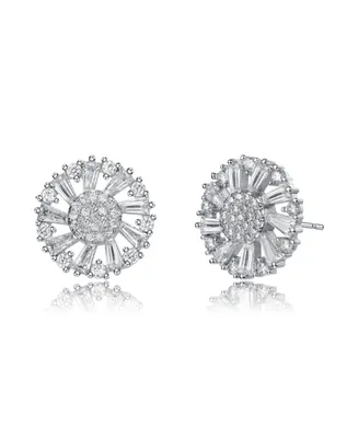 Genevive Sterling Silver White Gold Plated Clear Round Cubic Zirconia Stud Earrings