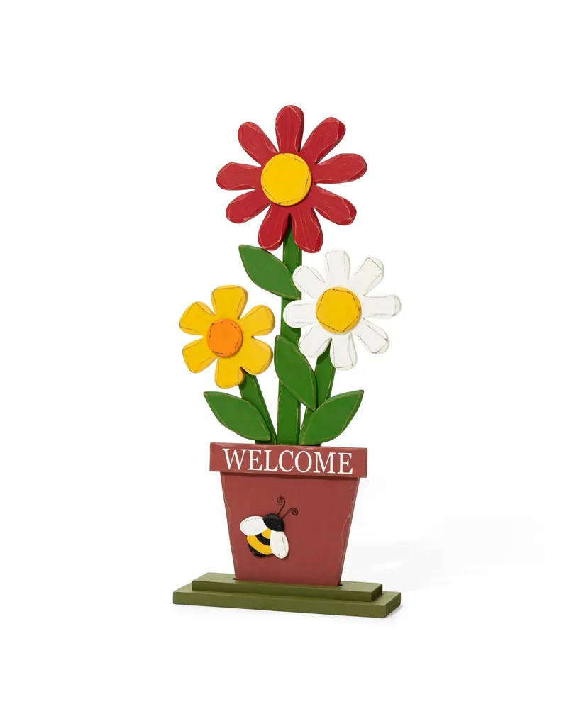 Glitzhome 30" H Wooden Trio Flowers Welcome Porch Decor