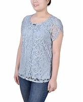 Ny Collection Petite Lace Petal Short Sleeve Top
