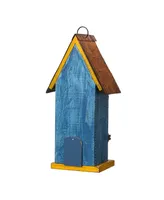 Glitzhome 13.75" H Washed Two-Tiered Distressed Solid Wood Birdhouse with 3D Flowers