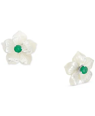 Mother-of-Pearl (18mm) & Emerald (5/8 ct. t.w.) Flower Stud Earrings in Sterling Silver