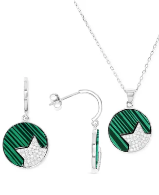 2-Pc. Set Lab-Grown Malachite & Cubic Zirconia Star Circle Pendant Necklace & Matching Drop Earrings