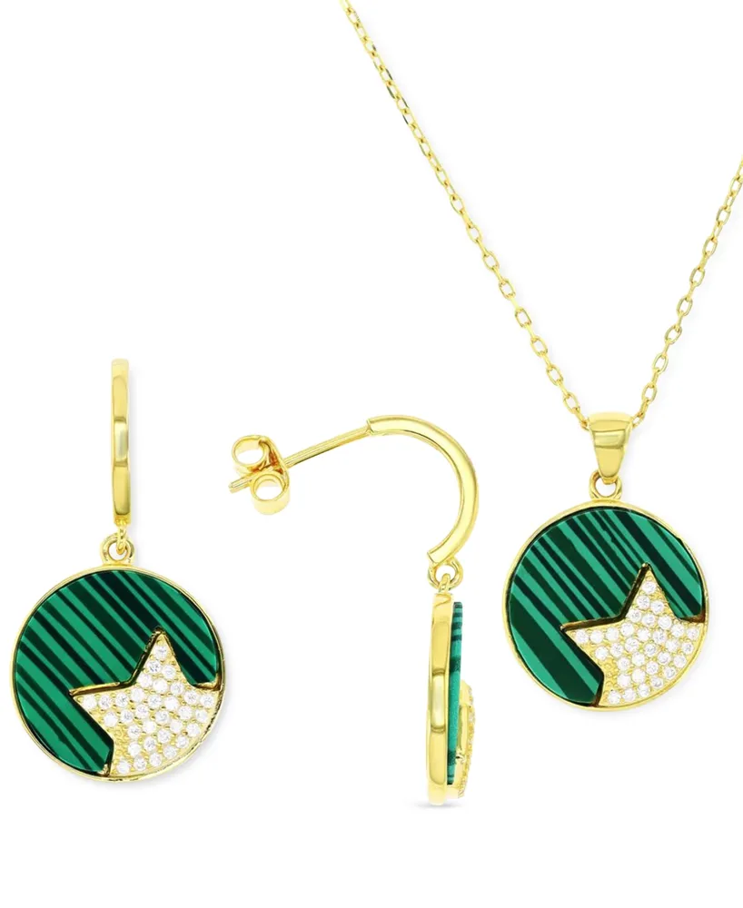 2-Pc. Set Lab-Grown Malachite & Cubic Zirconia Star Circle Pendant Necklace Matching Drop Earrings