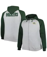 Men's Heather Gray Green Bay Packers Big and Tall Fleece Raglan Full-Zip Hoodie Jacket