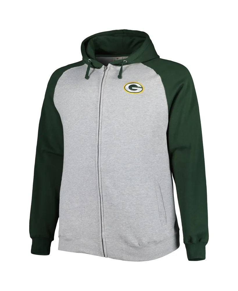 Men's Heather Gray Green Bay Packers Big and Tall Fleece Raglan Full-Zip Hoodie Jacket