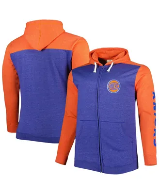 Men's Fanatics Heathered Blue, Orange New York Knicks Big and Tall Down Distance Full-Zip Hoodie